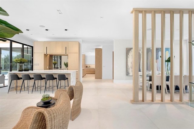 interior space featuring light brown cabinets and a breakfast bar area