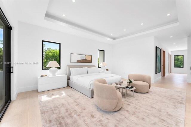 bedroom with light hardwood / wood-style floors, a raised ceiling, access to outside, and multiple windows