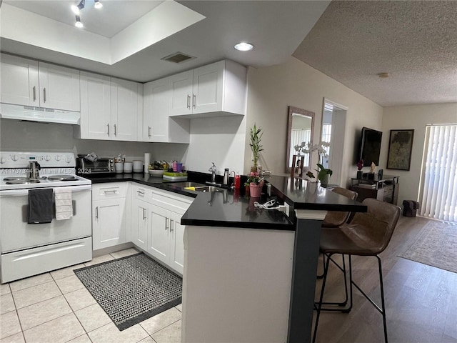 kitchen featuring a wealth of natural light, electric stove, kitchen peninsula, and extractor fan