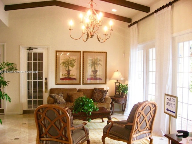 living area with beamed ceiling, high vaulted ceiling, and an inviting chandelier