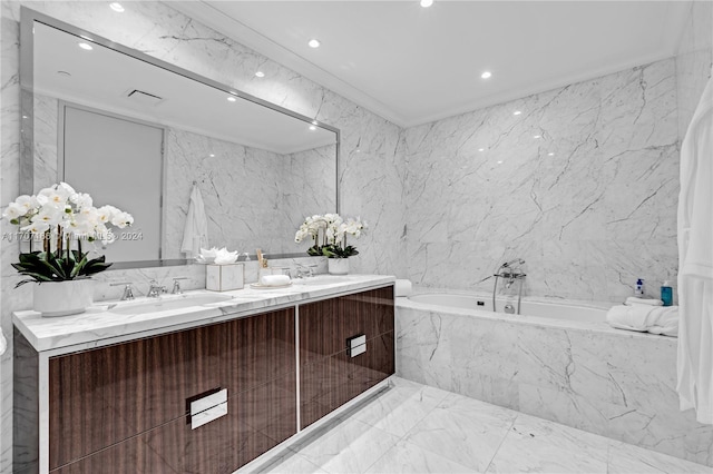 bathroom featuring vanity, crown molding, tiled bath, and tile walls