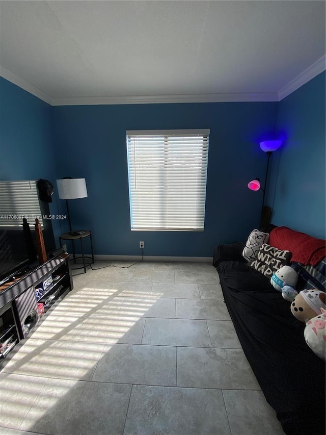 living room with light tile patterned flooring and ornamental molding