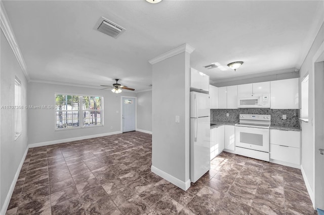 kitchen with decorative backsplash, white appliances, ceiling fan, crown molding, and white cabinetry