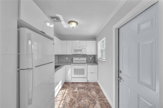 kitchen featuring decorative backsplash, white appliances, white cabinetry, and crown molding