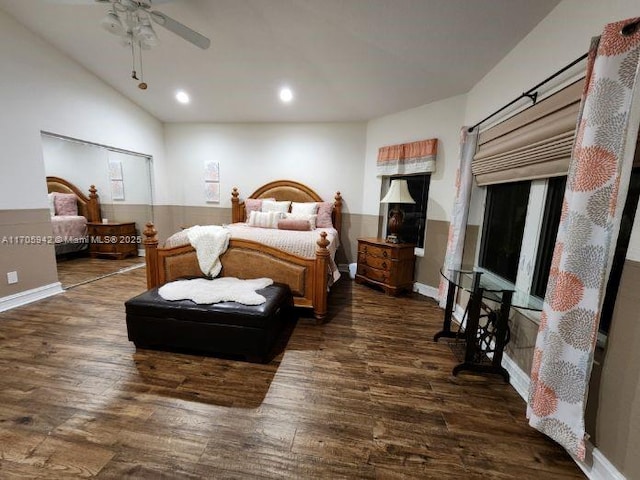 bedroom featuring vaulted ceiling, ceiling fan, and dark hardwood / wood-style flooring