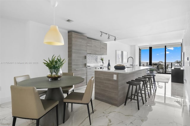 kitchen featuring pendant lighting, rail lighting, a kitchen island with sink, expansive windows, and decorative backsplash