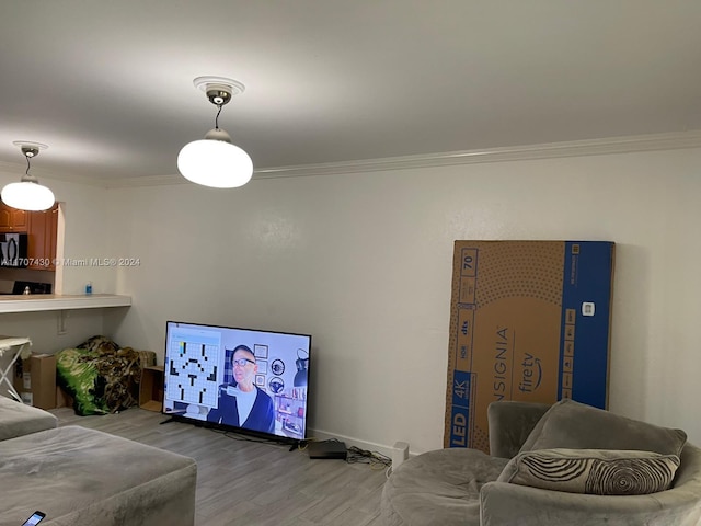 living room with wood-type flooring and crown molding