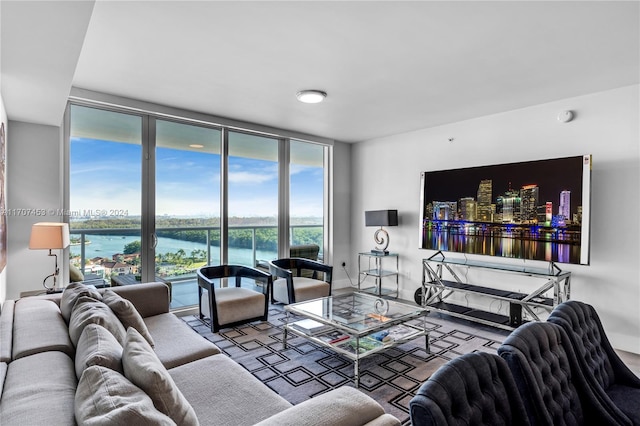 living room featuring a wall of windows