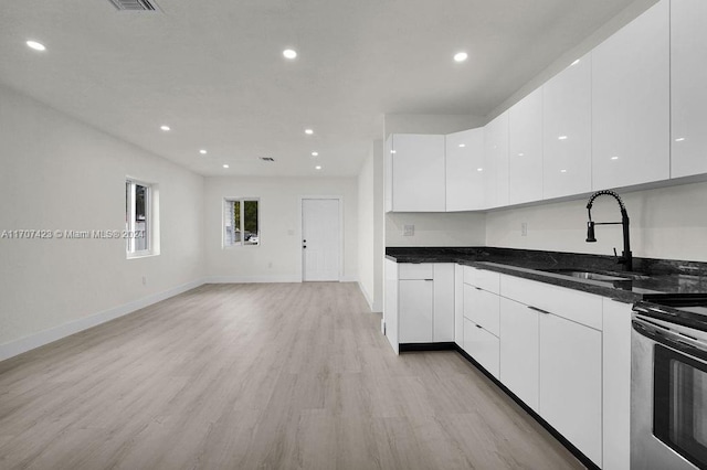 kitchen featuring sink, white cabinets, dark stone counters, stainless steel range with electric cooktop, and light wood-type flooring