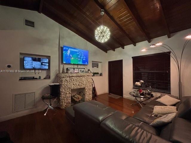 living room with beamed ceiling, hardwood / wood-style flooring, high vaulted ceiling, and wood ceiling