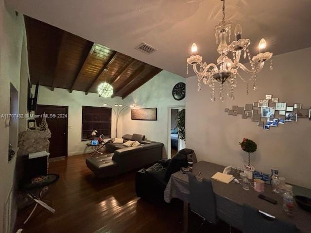 interior space with wood ceiling, vaulted ceiling with beams, wood-type flooring, and a notable chandelier