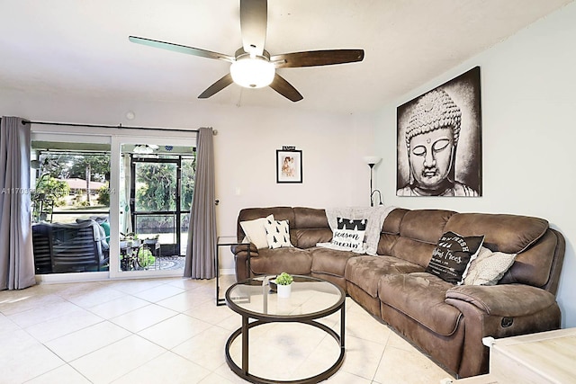 tiled living room with ceiling fan