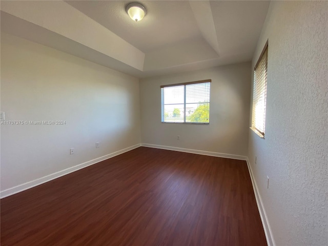 empty room featuring dark hardwood / wood-style flooring and a raised ceiling