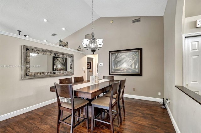 dining area with dark hardwood / wood-style flooring, high vaulted ceiling, and a notable chandelier