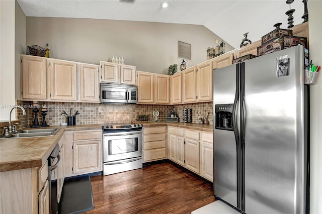 kitchen featuring backsplash, dark hardwood / wood-style floors, sink, and appliances with stainless steel finishes