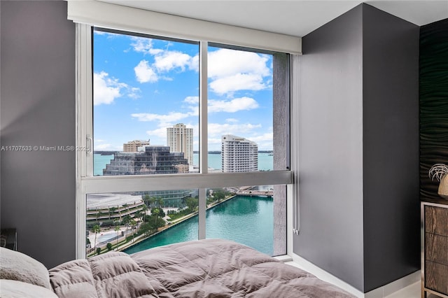 bedroom featuring a water view