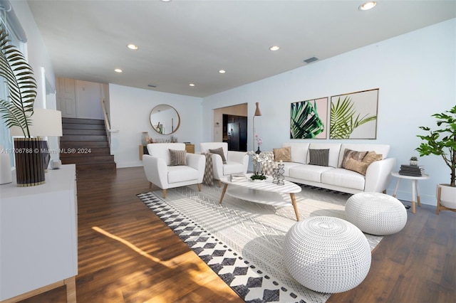 living room featuring dark wood-type flooring