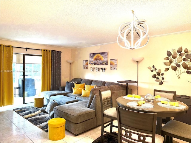 living room featuring light tile patterned flooring, crown molding, a textured ceiling, and a chandelier