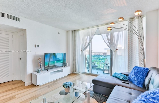 living room with hardwood / wood-style floors and a textured ceiling