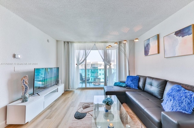 living room featuring light hardwood / wood-style flooring and a textured ceiling