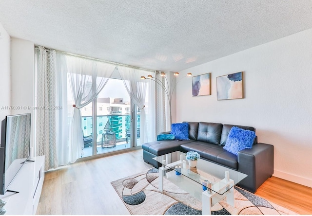 living room with light hardwood / wood-style floors and a textured ceiling