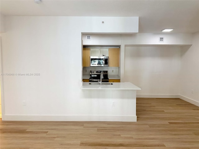 kitchen with a sink, appliances with stainless steel finishes, light wood finished floors, and baseboards