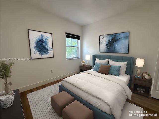 bedroom with wood finished floors and baseboards