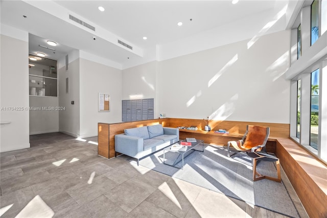 living room featuring a high ceiling