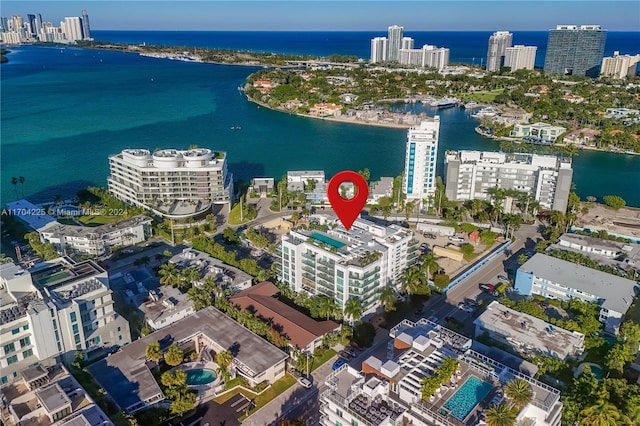 drone / aerial view with a water view