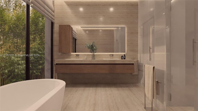 bathroom featuring plus walk in shower, wood-type flooring, and vanity