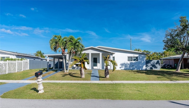 view of front of property featuring a front lawn and a carport