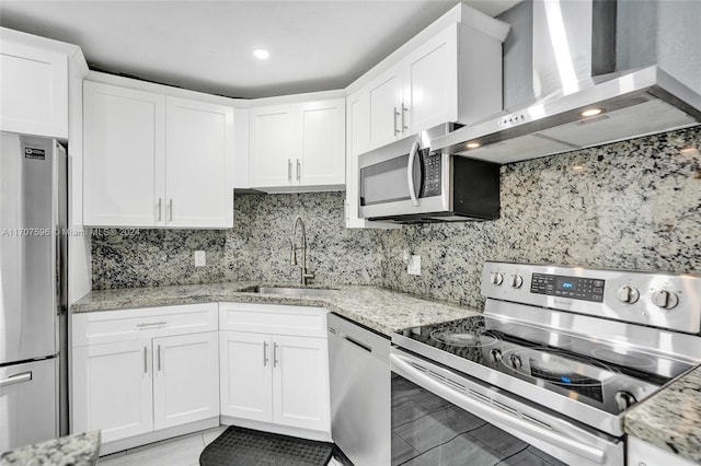 kitchen with white cabinets, sink, stainless steel appliances, and wall chimney range hood