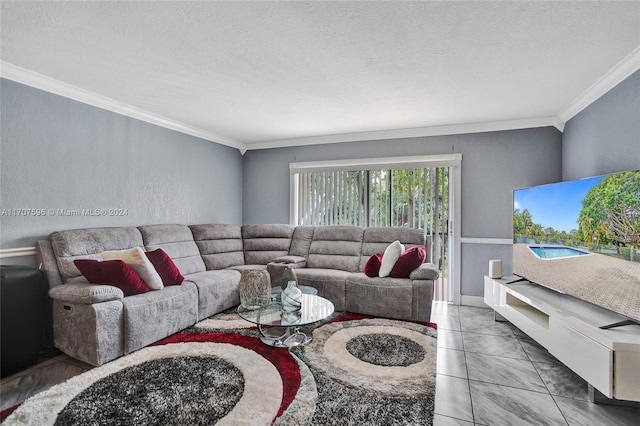 living room featuring crown molding and a textured ceiling