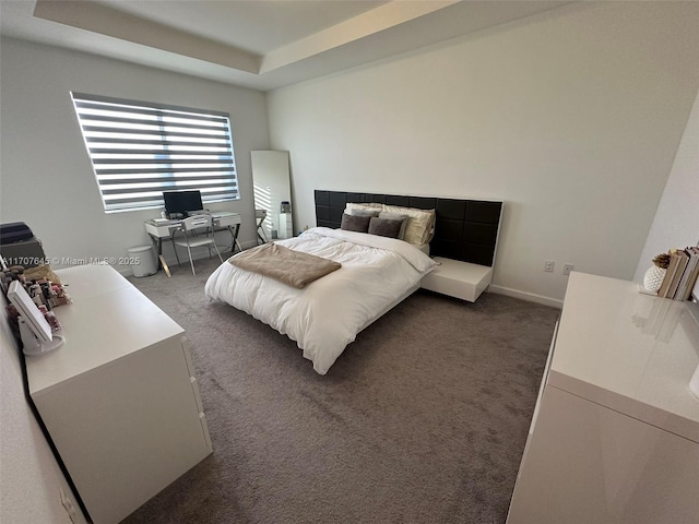 bedroom featuring a tray ceiling and dark colored carpet