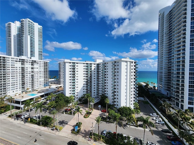 exterior space with a water view