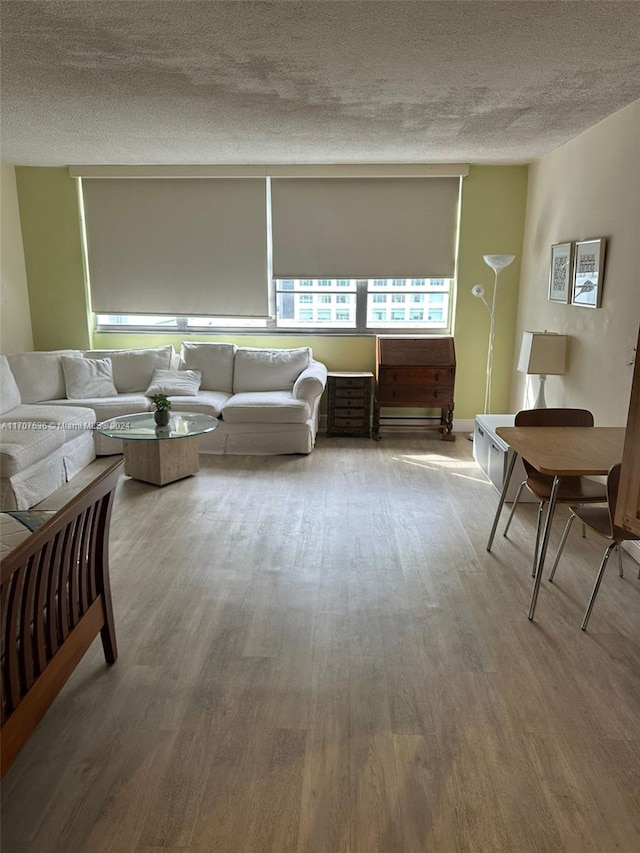 living room with wood-type flooring and a textured ceiling