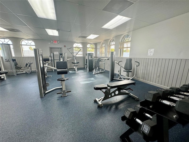 workout area featuring a wealth of natural light and a drop ceiling