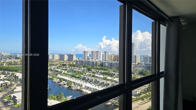 interior space with a water view