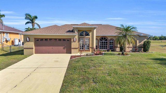 view of front of house with a garage, french doors, and a front lawn