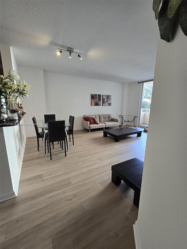 living room with a textured ceiling and light hardwood / wood-style floors