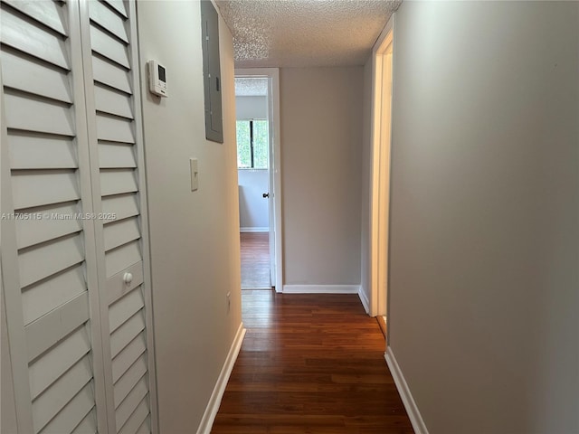 hall with dark hardwood / wood-style flooring and a textured ceiling