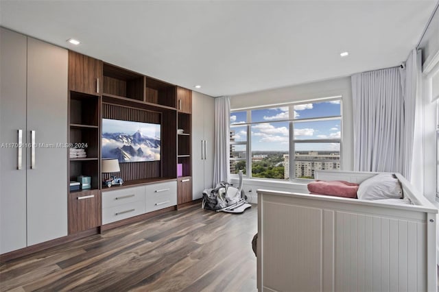 living room with dark hardwood / wood-style floors