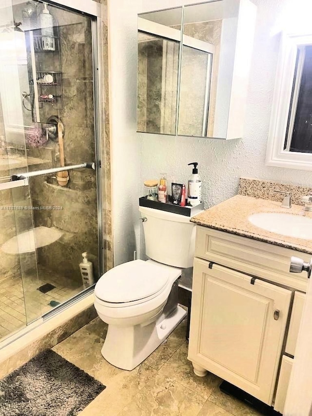 bathroom featuring vanity, toilet, and a shower with door