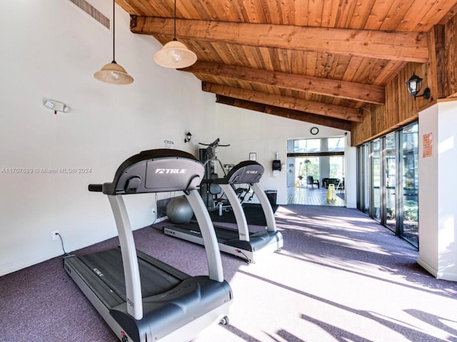 gym featuring carpet flooring, high vaulted ceiling, and wooden ceiling