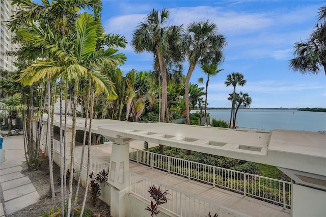 exterior space with a water view