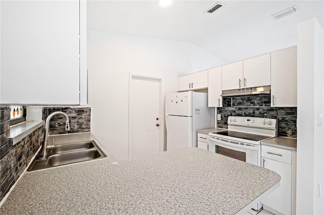 kitchen with white cabinets, decorative backsplash, white appliances, and sink