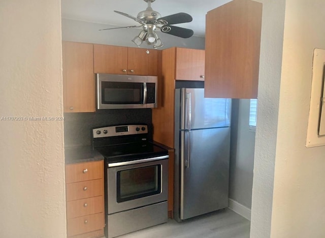 kitchen featuring appliances with stainless steel finishes, light hardwood / wood-style flooring, and ceiling fan