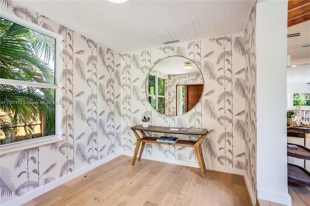 living area featuring a wealth of natural light and light hardwood / wood-style flooring