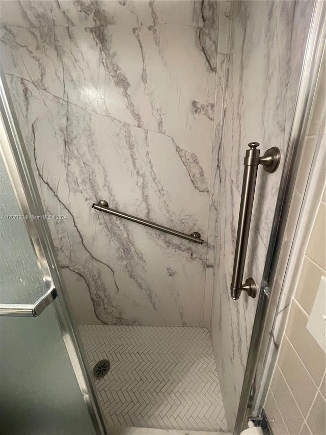 bathroom featuring a shower with shower door