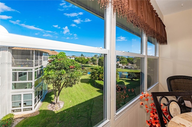 interior space featuring a water view